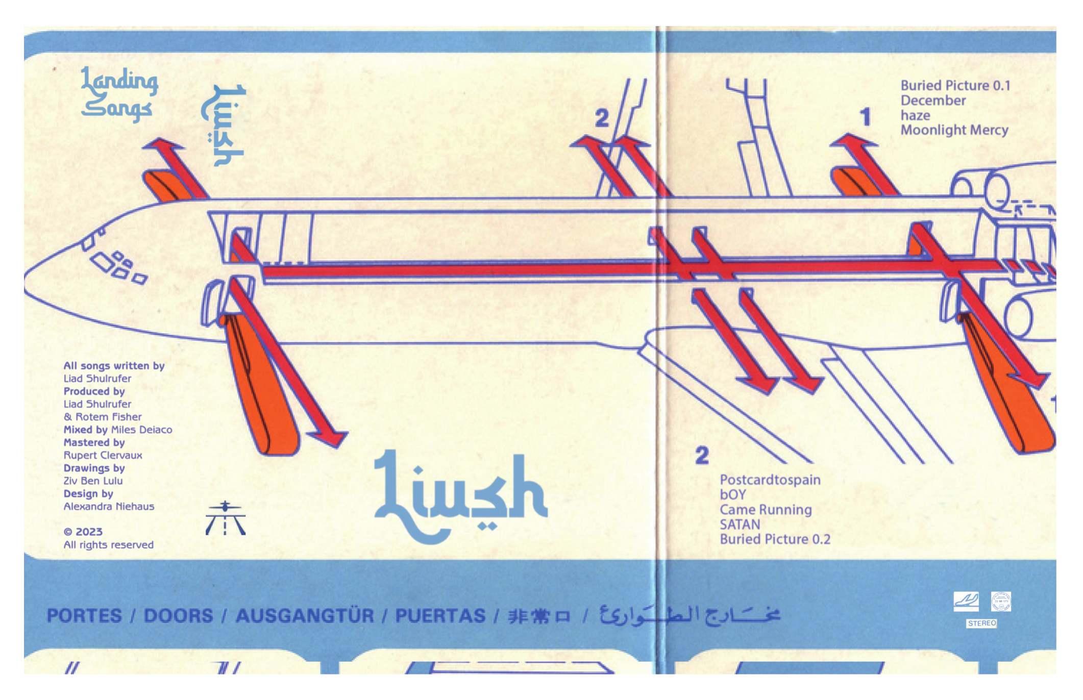 Illustrated Landing Songs cassette design with airplane and track list